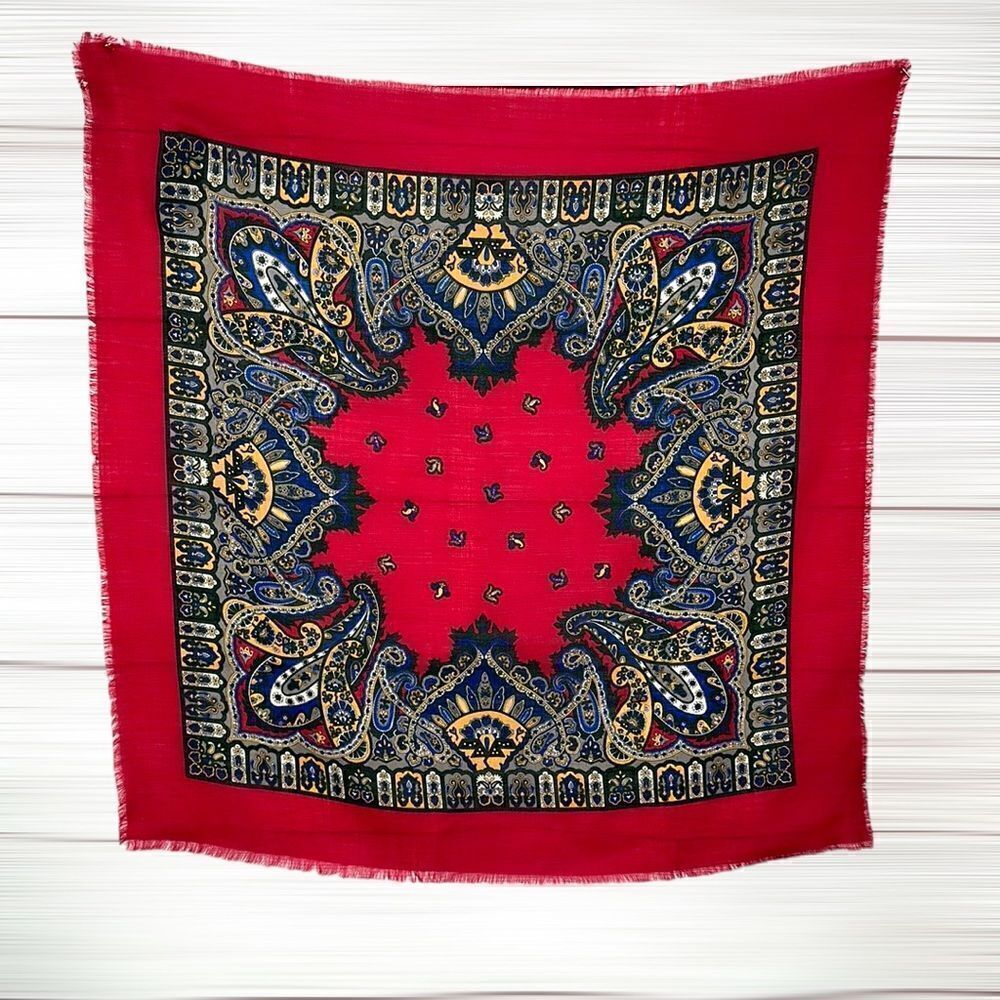 Jennifer Moore Vintage Wool Square Scarf Red Blue Paisley made in Japan